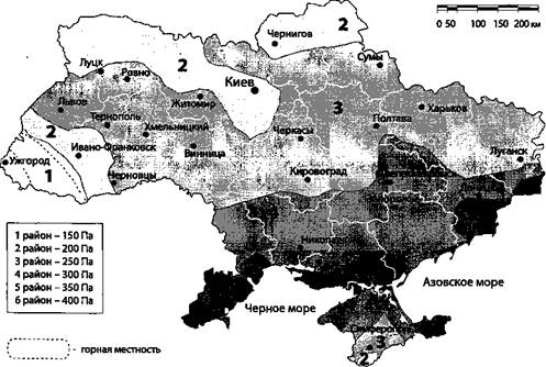 Карта районирования территории Украины по характеристическим значениям давления ветра при гололеде