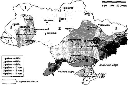 Карта районирования территории Украины по характеристической нагрузке давления ветра на провода и тросы диаметром 10 мм, покрытые гололедом