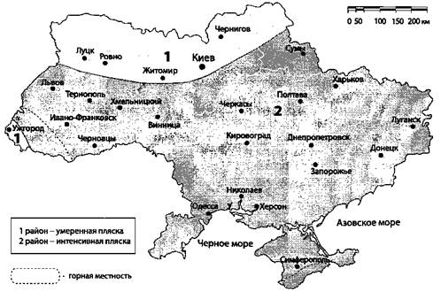 Карта районирования территории Украины по средней частоте повторяемости и интенсивности пляски проводов и тросов