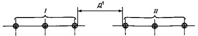 Наименьшие расстояния между токоведущими частями разных цепей, расположенных в разных плоскостях, с обслуживанием нижней цепи при неотключенной верхней